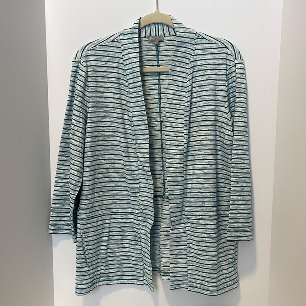 T by Talbots Blue Heather Striped Cardigan Women’s M Pockets 3/4 Sleeves